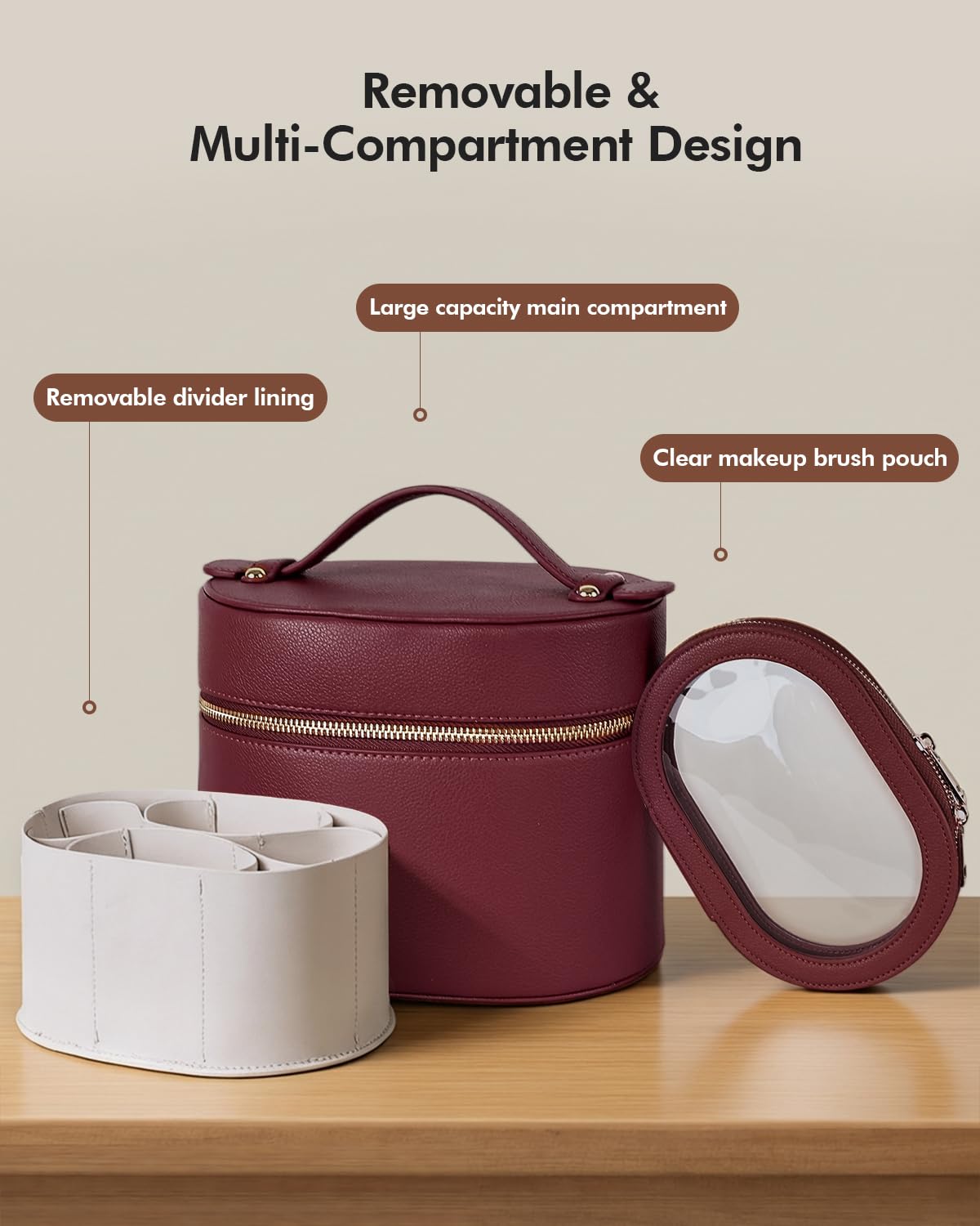 Prite 2 Stück Kosmetiktasche Damen Reise Kosmetikkoffer Hartschale, Rot | Schminktasche,Make Up Tasche,Kulturtasche,Abnehmbare Fächer,Durchsichtige Kleine Beutel,Veganer Leder,Geschenkbox Inklusive