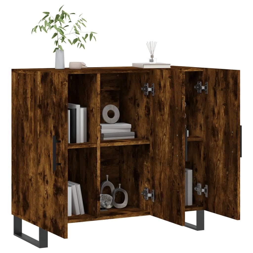 Générique Nowoczesny bufet wędzony dąb 90x34x80 cm, Meble do salonu z drewna konstrukcyjnego z metalowymi nogami, duża przestrzeń do przechowywania i praktyczne drzwi
