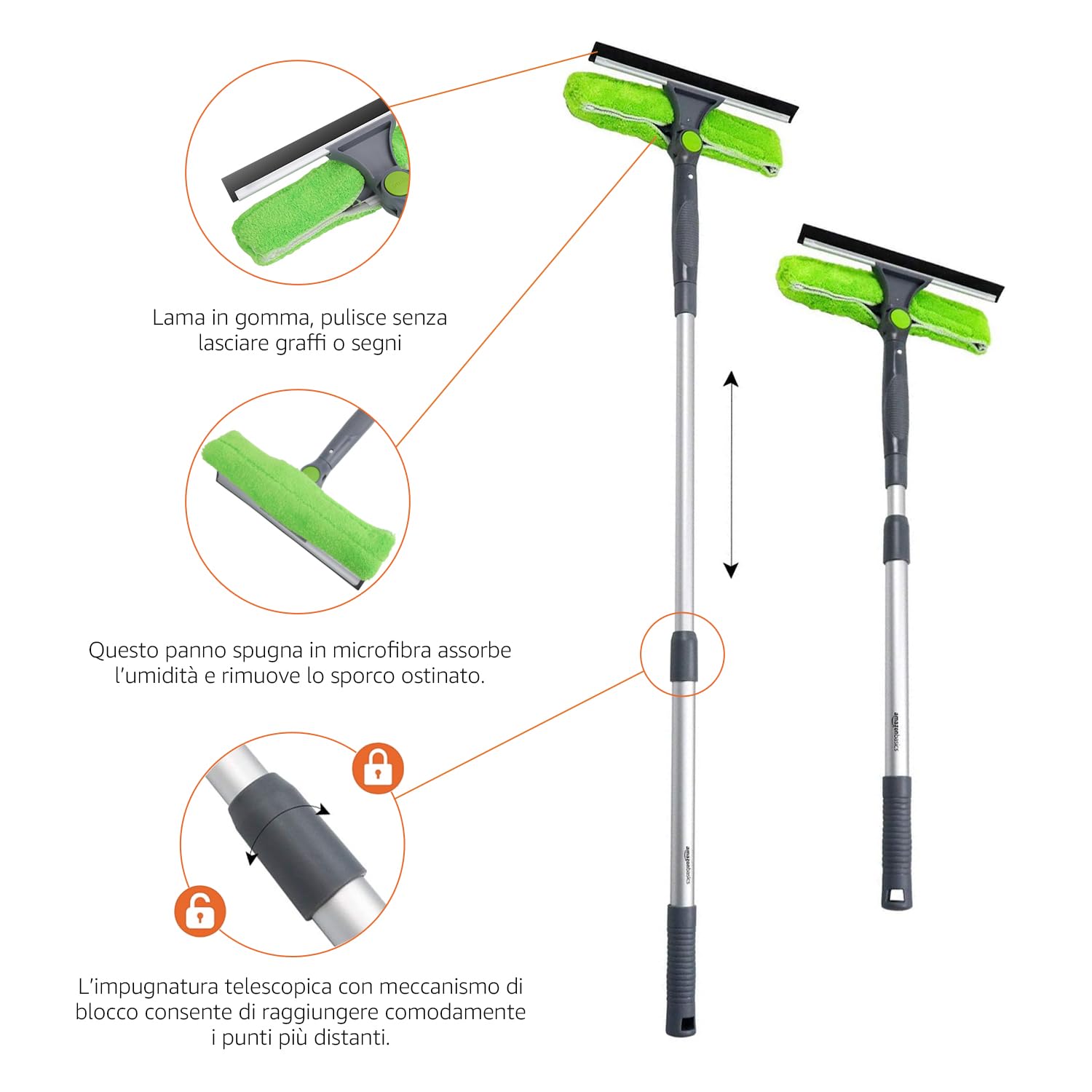 Amazon Basics Lavavetri estensibile con testa rotante a 180° e asta telescopica da 66-96,5 cm, ideale per la pulizia di finestre, specchi, piastrelle, Verde