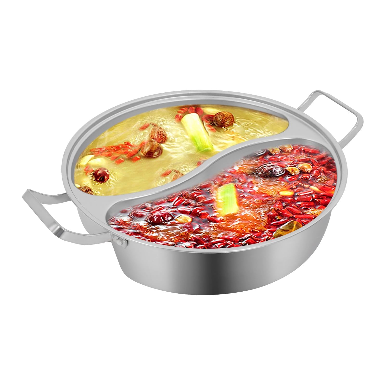 WUSILILU Double-flavor Hot Pot, 7L Stainless Steel Hot Pot with Divider and Clear Lid Divided Stockpot for Gas Hob Induction Hob Electric Ceramic Hob Electric Heater (13.4 * 3.94 inch)