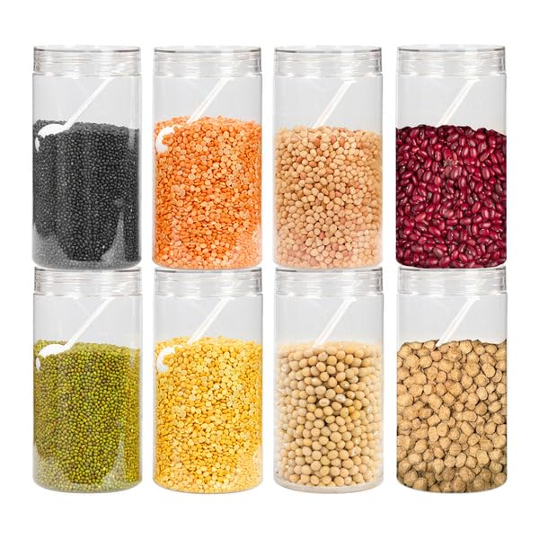 Image of PEARLPET Plastic Containers for Kitchen Storage | Plastic Container Set with Spoon | BPA-Free, Stackable Jars | Transparent, 1400ml (Set of 8)