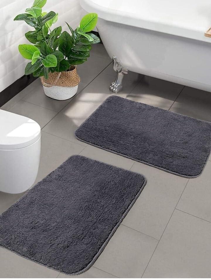 Image of Shree JEE Home Solid Microfibre Bathroom Mat Soft and Non-Slip Mat for Kitchen Door and Bedroom (40x60cm) Pack of 2 (Grey)