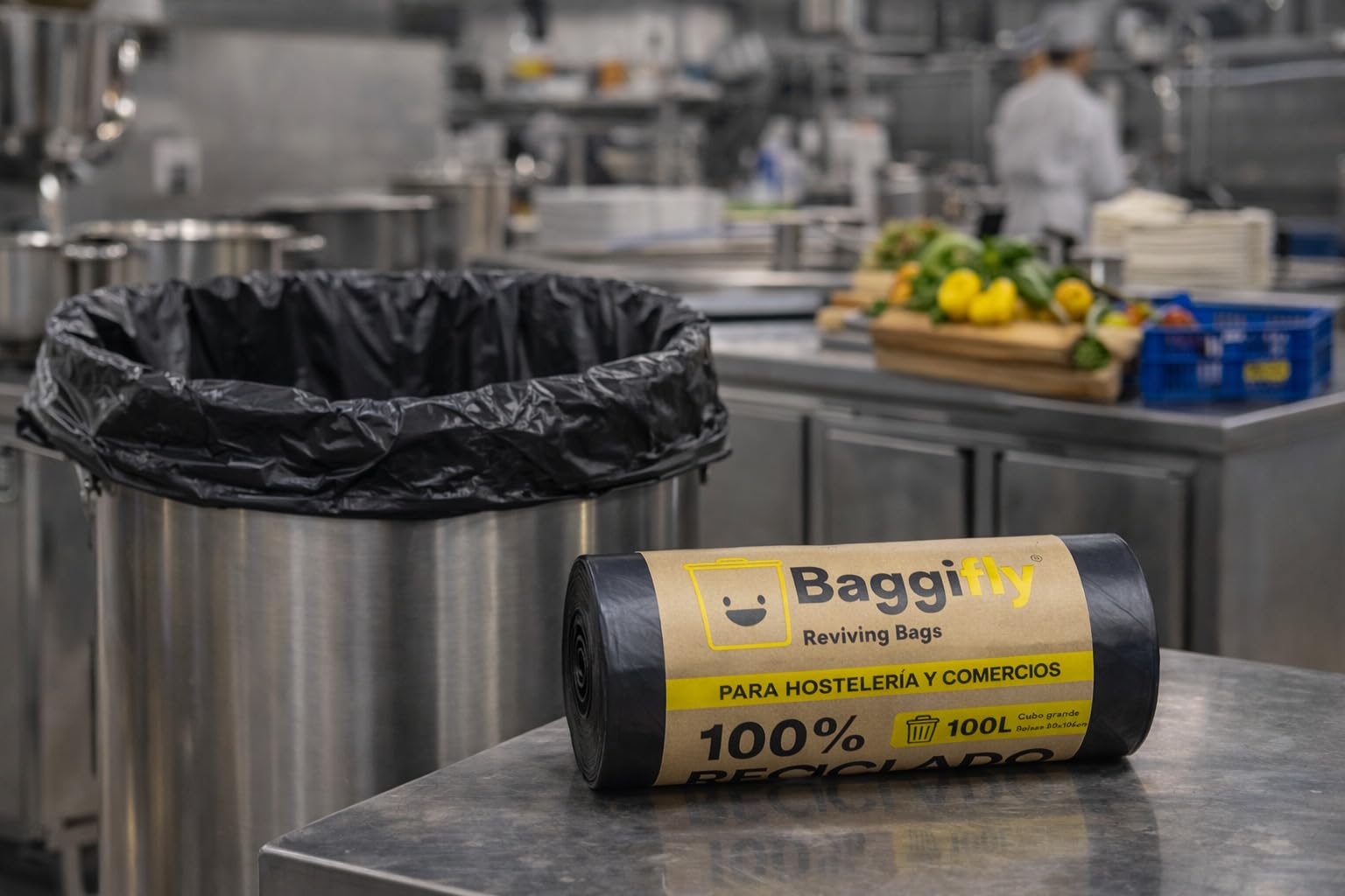 Baggifly, Bolsas de Basura 100L, 120 Bolsas Súper Resistentes, 100% Recicladas, ECO Friendly, Hostelería, Comercios y Jardinería, Pack 12 x 10, Fabricado en España