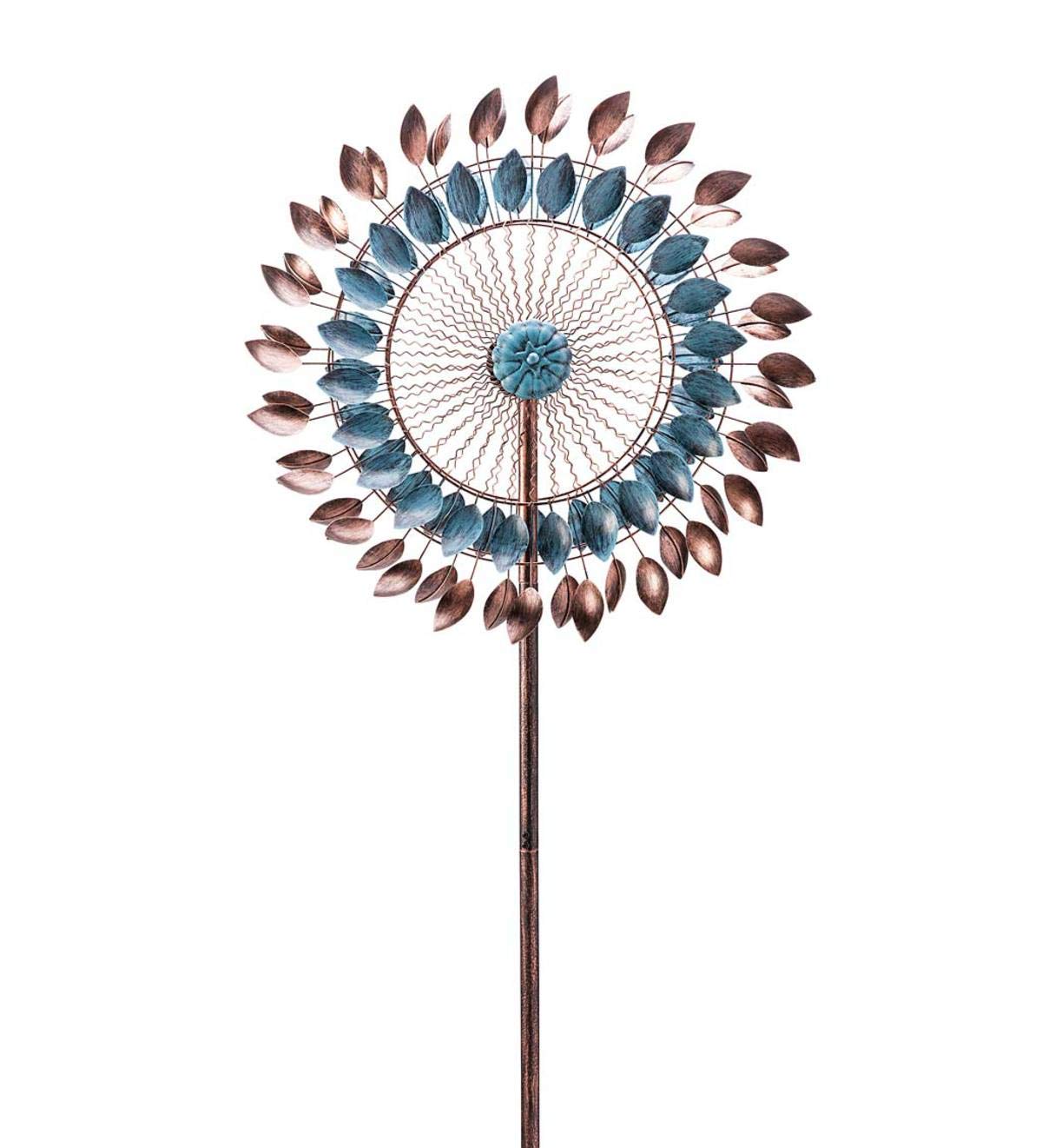 Blue and Copper Leaf Metal Garden Wind Spinner Sculpture - Outdoor Kinetic Yard Art Decor - 24 Diam. X 10.25 D x 75 H