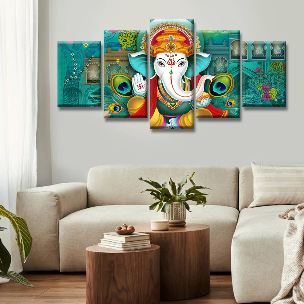 Lord Ganesha Wall Art for Living Room Hindu Elephant God Canvas Wall Painting 5 Pieces Modern Home Decoration for Bedroom Office Hindu God Wall Decor Stretched and Frame Ready to Hang 20X40 INCH