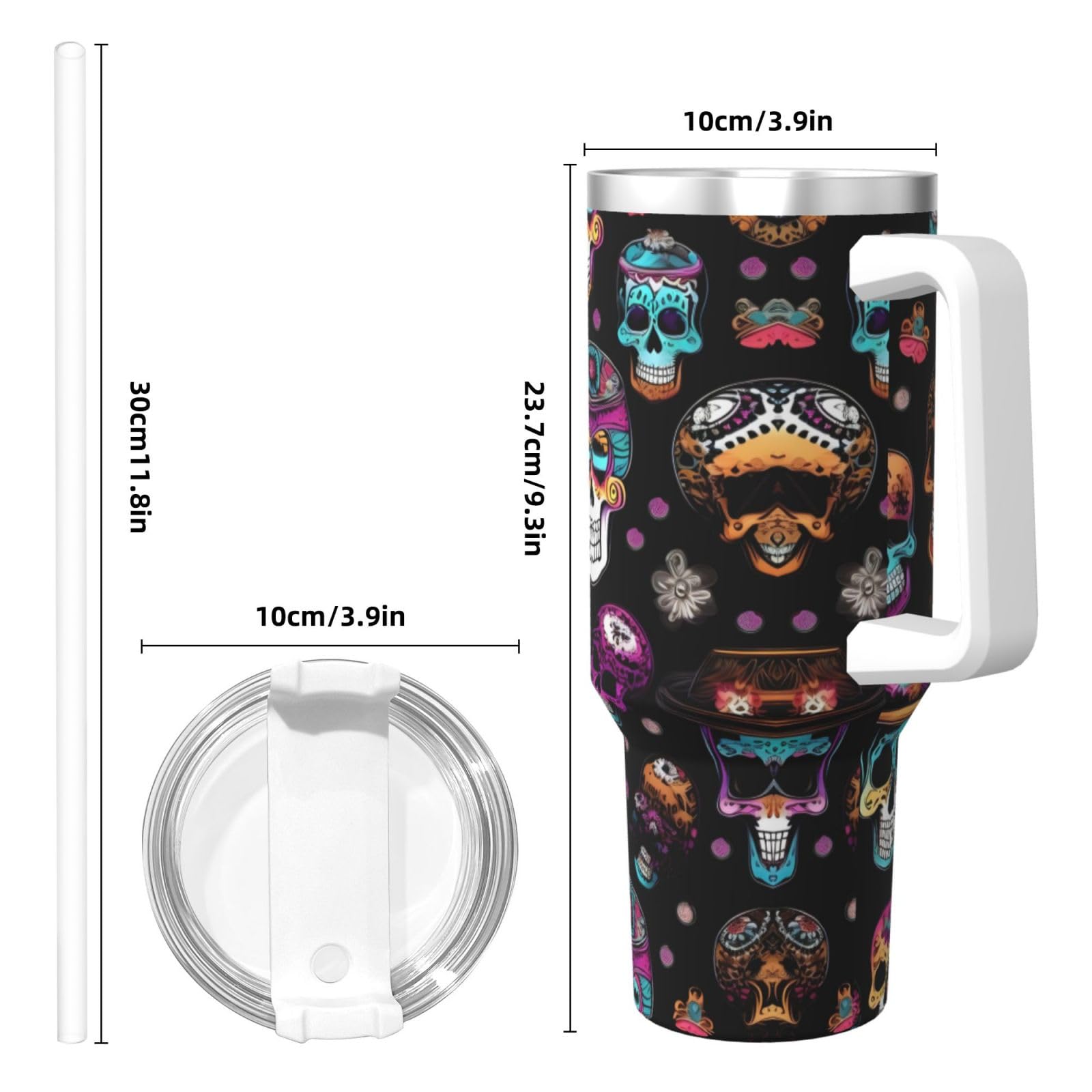 Sugar and Skulls Style Ice Bully Wasserflasche aus Edelstahl, doppelwandig, isoliert, mit Griff und Strohhalm-Deckel, 1,2 l