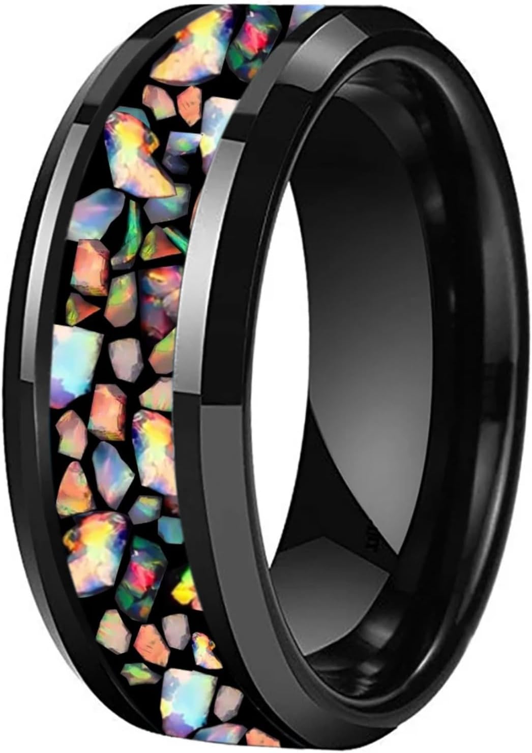 Crushed Fire Opal Inlay Pipe Cut Polished Black Tungsten Ring for Men Women Engagement Wedding Band