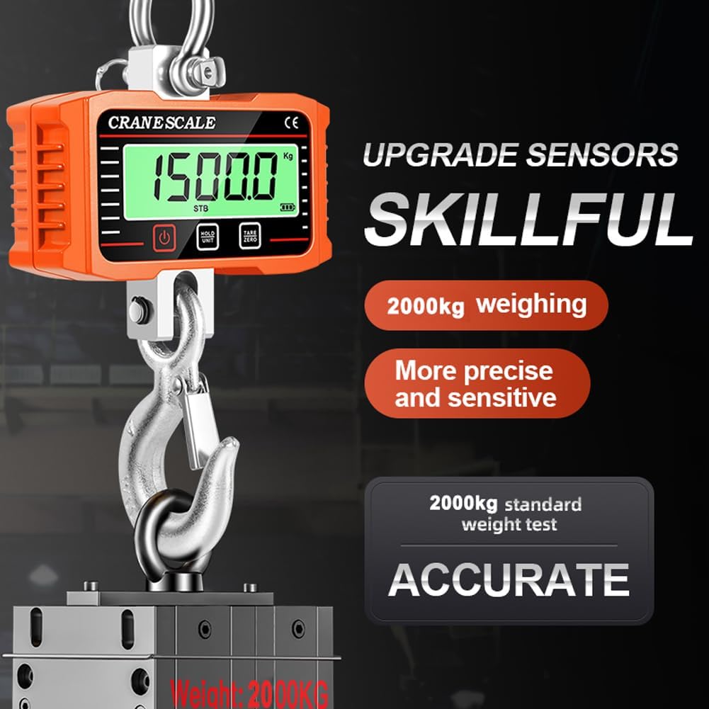 Digital LCD Display 2000kg Crance Scale Portable Electronic Heavy Duty Weight Hook Crane Industrial Grade Weighing Meter with 3-Unit Conversion Function