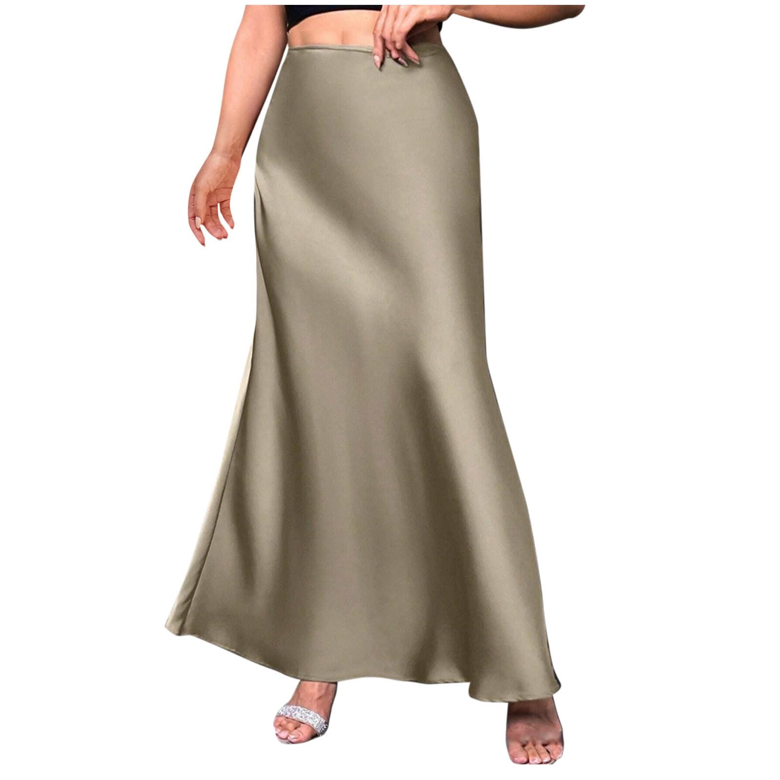 Women's Satin Elegant Long Skirt High Waist Hidden Silk Dressy Maxi Skirts Elastic Waist Flared Casual A Line Skirt Khaki
