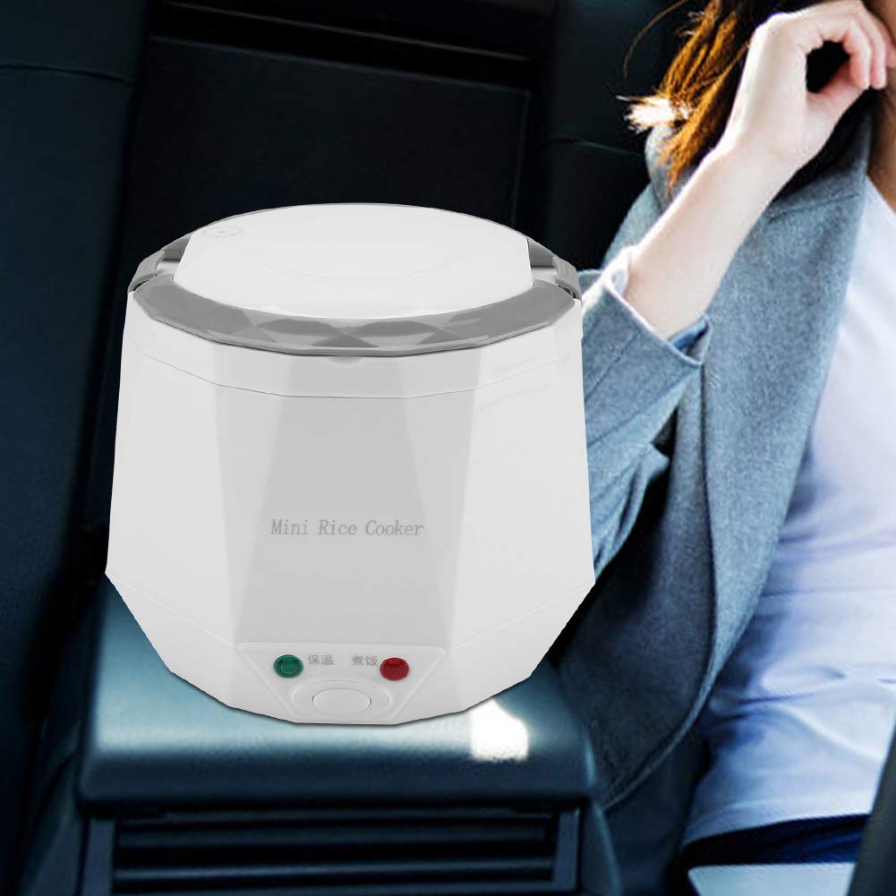Olla arrocera eléctrica para automóvil, vaporizador de alimentos multifuncional portátil de 12 V y 100 W con revestimiento antiadherente, adecuado para viajes, camping, oficina, (Blanca)