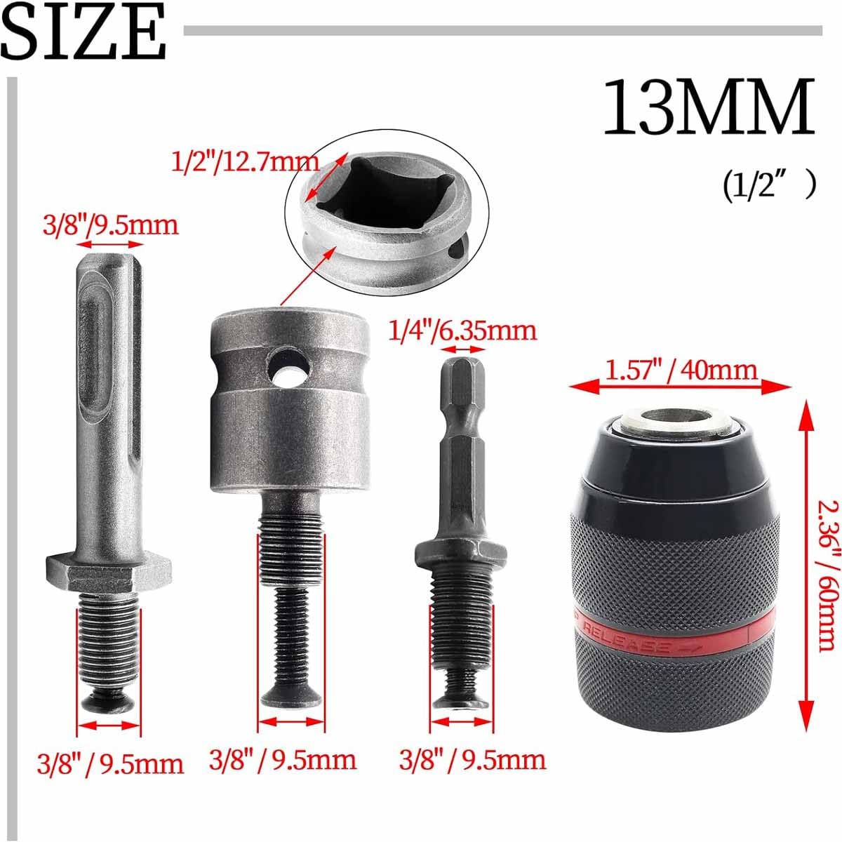 UPTODATETOOLS 13mm Keyless Metal Drill Chuck, with SDS-Plus Shank 1/4 Inch Hex Shank 1/2 Inch Impact Wrench Adapter - Image 5 thumbnail
