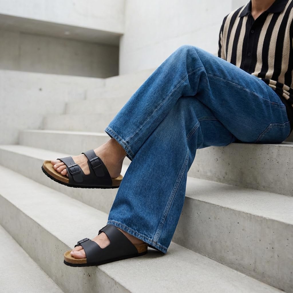 CUSHIONAIRE Lane Cork Footbed Mens Sandals, Adjustable Buckle Comfort Slides for Men, Genuine Leather Insole Summer Sandals Men Footwear - Image 8