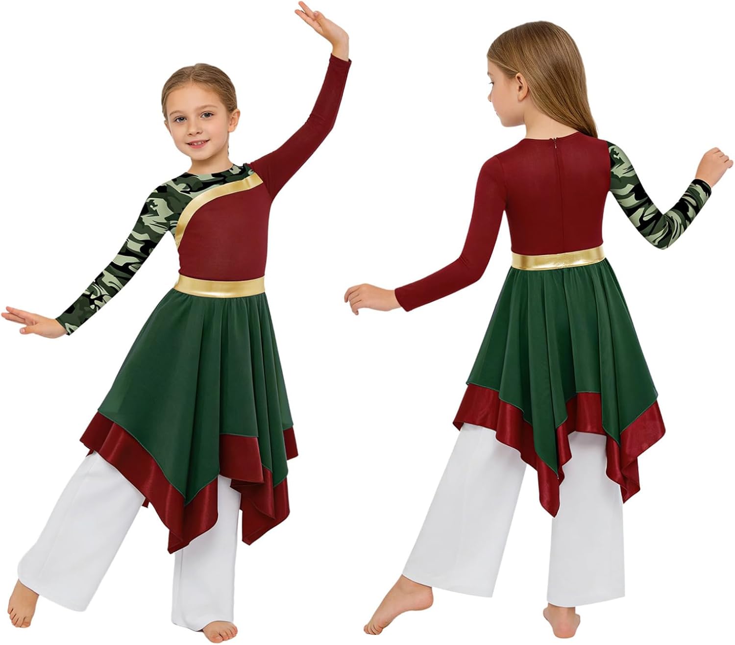 FEESHOW Kids Girls Praise Dance Outfits Camouflage Print Asymmetrical Dress with Pants for Worship Dance Church Choir