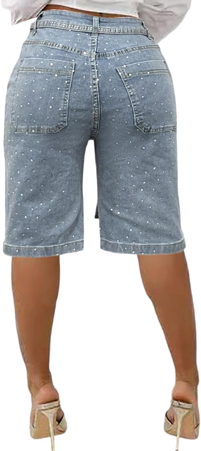 Women's Rhinestone Denim Shorts Casual Stretchy High Waisted Bermuda Jean Shorts with Belt Y2K Streetwear