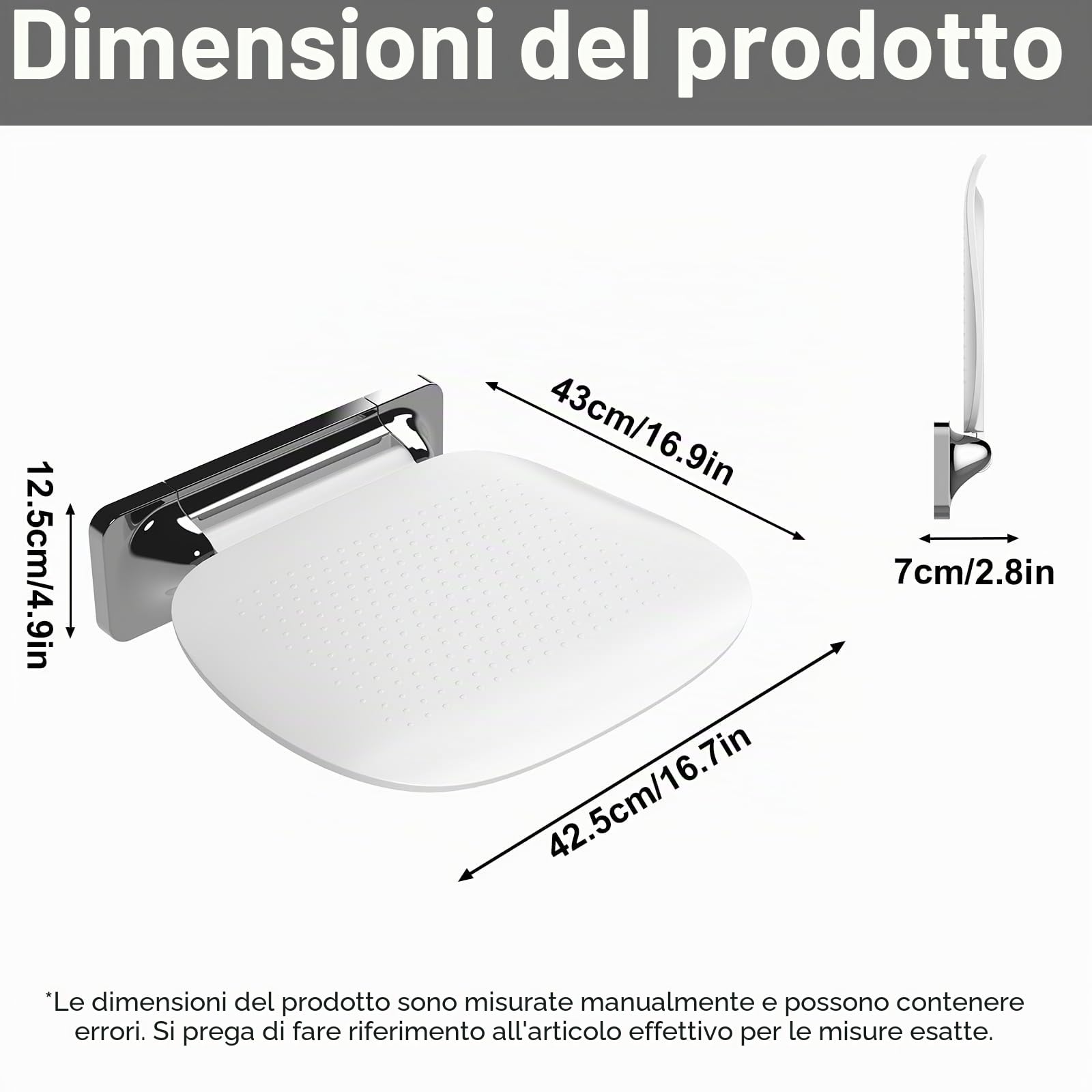 Sedile Doccia Pieghevole con Montaggio a Parete e Ampia Seduta - Sgabello da Bagno Ergonomico Antiscivolo per Anziani e Disabili, Portata Massima 180 kg, Bianco