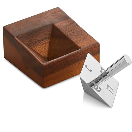 Nambe Hanukkah Geo Dreidel with Stand - 2 Pieces - Nambe Alloy and Acacia Wood