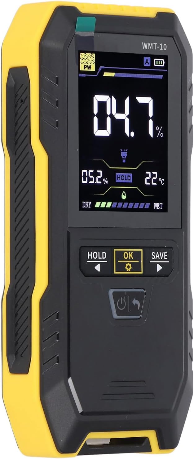 Wood Humidity Meter, Pinless Non Destructive 2.4 Inch Color Screen Water Content Tester with Reminder System, Data Storage, with Flashlight, for Gypsum Wall, Softwood, Hardwood