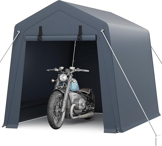 6x8 FT Portable Outdoor Storage Shed with 2 Roll-Up Zipper Doors & Vents, 240G Heavy-Duty Shelter Waterproof PE Tarp, UV-Resistant Carport for Motorcycle, Firewood, Tools -Gray