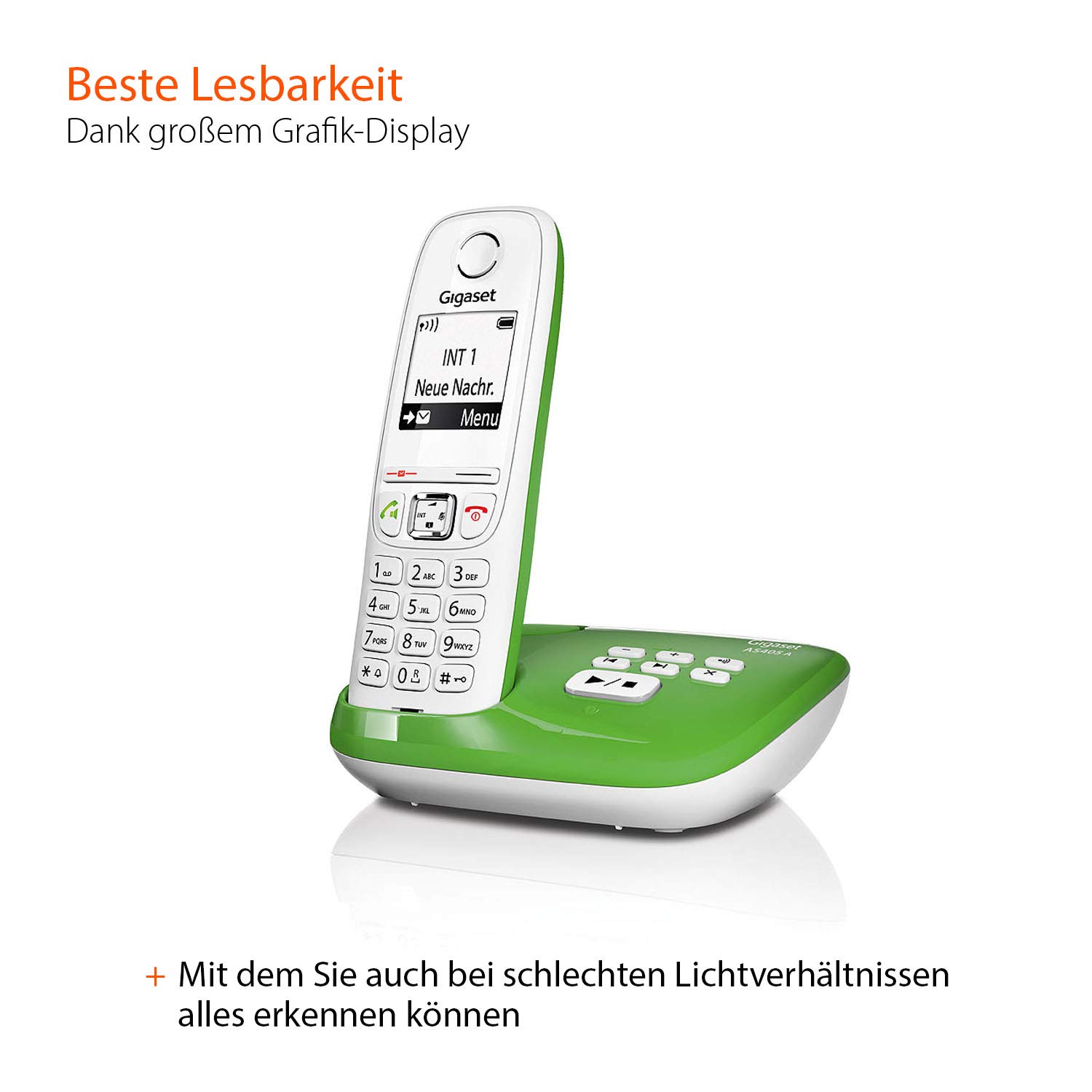 AS405A Festnetz-/Schnurlostelefon Anrufbeantworter (DECT-Telefon, Freisprechfunktion, großes Display, große Tasten) grün