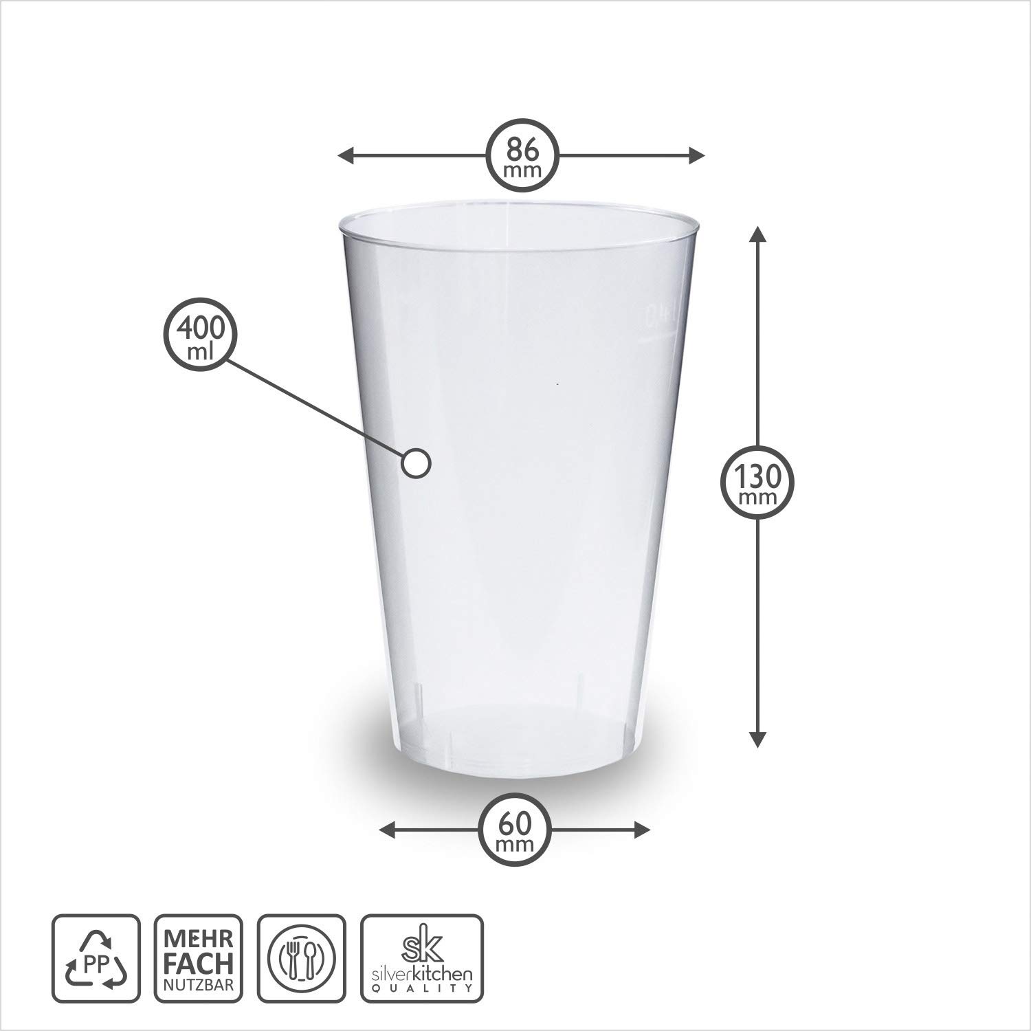 40x Partybecher 400ml - Mehrweg Trinkbecher Cocktailbecher aus Hartplastik, Mehrwegtrinkgläser Plastik, Mehrwegbecher 0,4 l Made In Germany