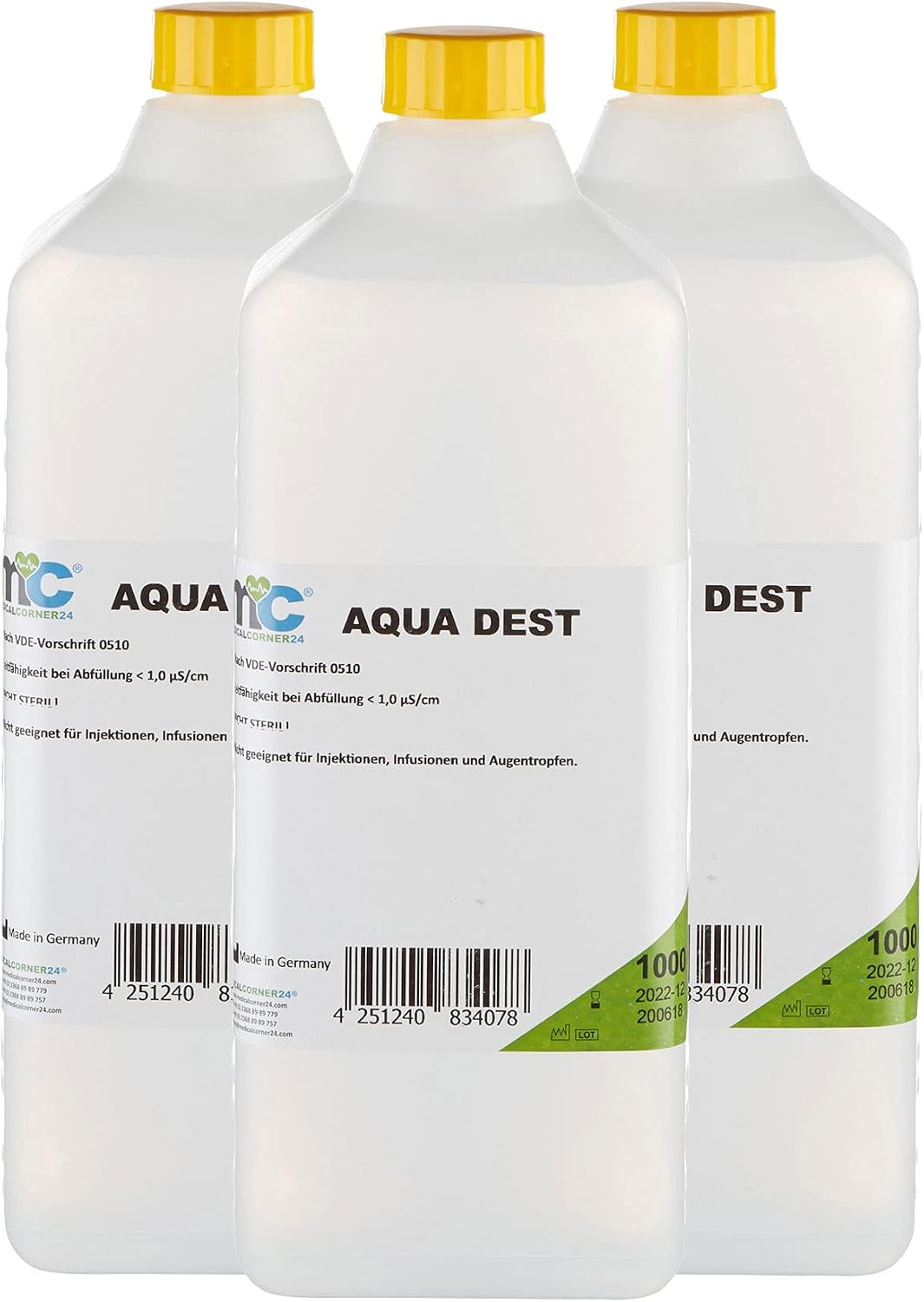Medicalcorner24 Aqua Dest Distilled Water Non-Sterile Microfiltered Laboratory Water 3 x 1 Liter Bottle