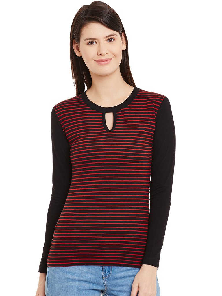 hypernation Red and Black Stripe Cotton Blend Key Hole Top for Women(HYPW01086)-picture-50