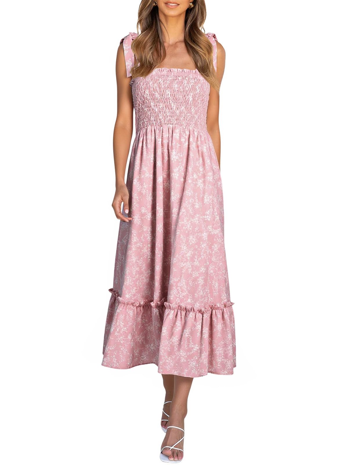 Imily Bela Womens Summer Smocked Maxi Dresses Floral Boho Beach Sundress | Spaghetti Strap, A Line, Square Neck, Tie Shoulder, Ruffle, Vacation, Picnic, Swing, Long Midi Dress