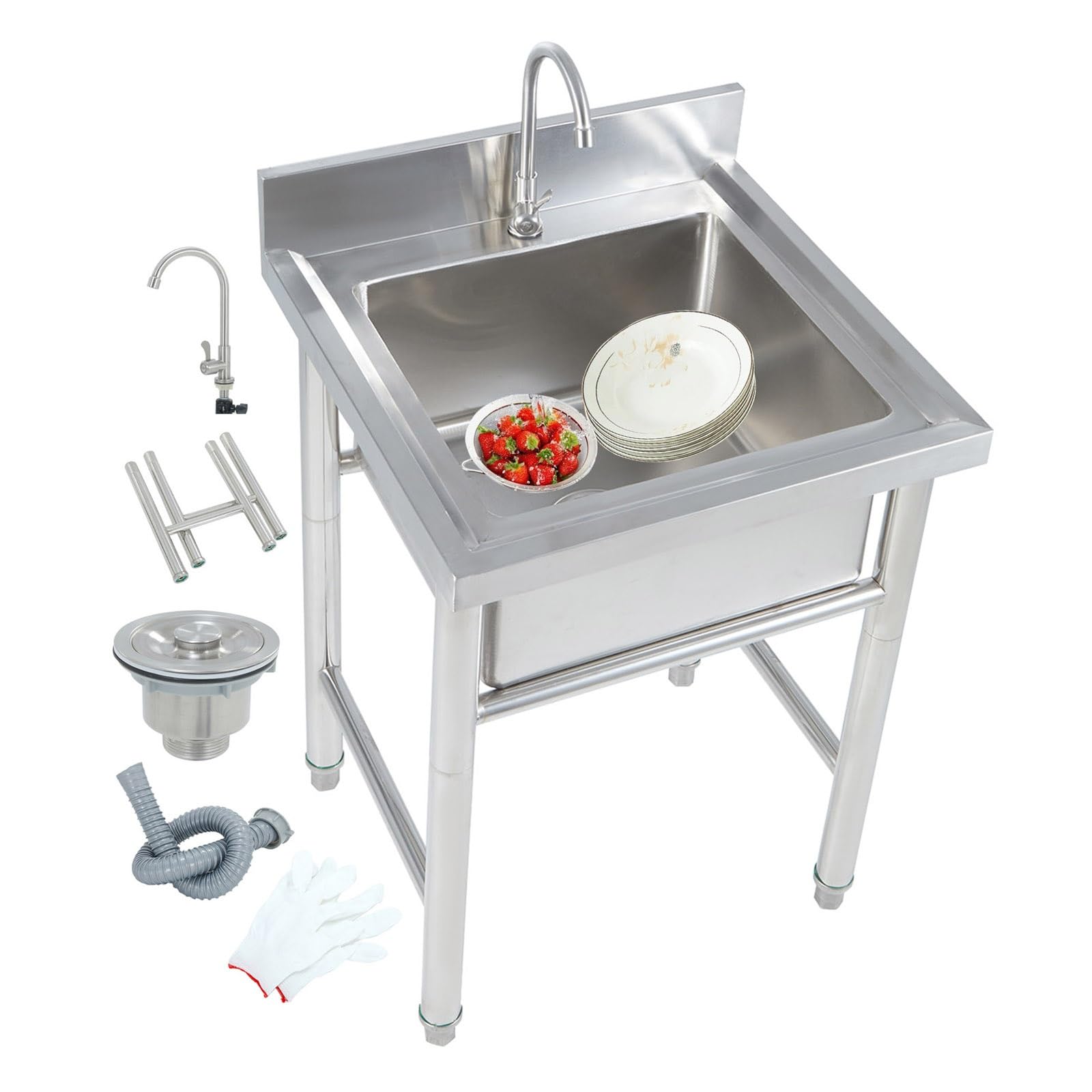 ZQFHSX Freestanding Stainless Steel Sink Wash Basin with Faucet Prep & Utility Kitchen for Garage, Restaurant, Laundry Room, Outdoor