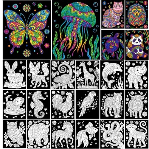 Zhanmai 24 Pack Velvet Coloring Posters Fuzzy Velvet Coloring Posters Crafts for Kids Color Your Own Poster Bulk for Holiday School Party Activities Home(Mandala Animals)
