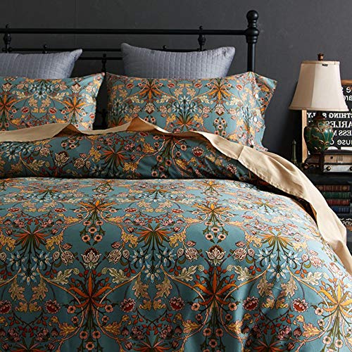 VM VOUGEMARKET Bohemia Duvet Cover Set King,3 Piece Long Staple Cotton Comforter Cover with Zipper Closure,Green Golden Elegant Bedding Set-Carol,King