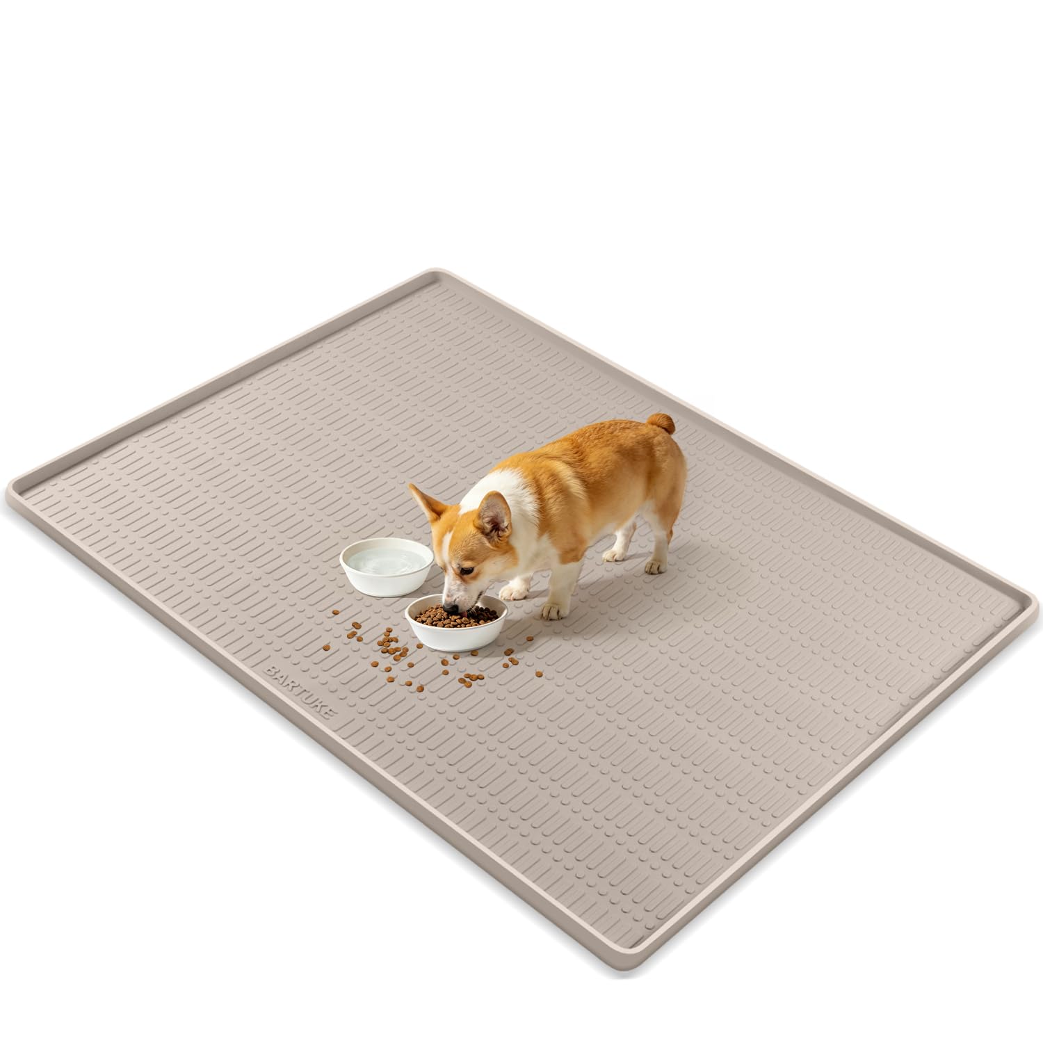 Kalolary 47" x 35" Silicone Dog Food Mat, Waterproof Pet Feeding Mat with Raised Edge, Extra Large Dog Bowl Mat Non-Slip Water Bowl Placemats for Dogs, Protects Floors, Easy to Clean (Beige)
