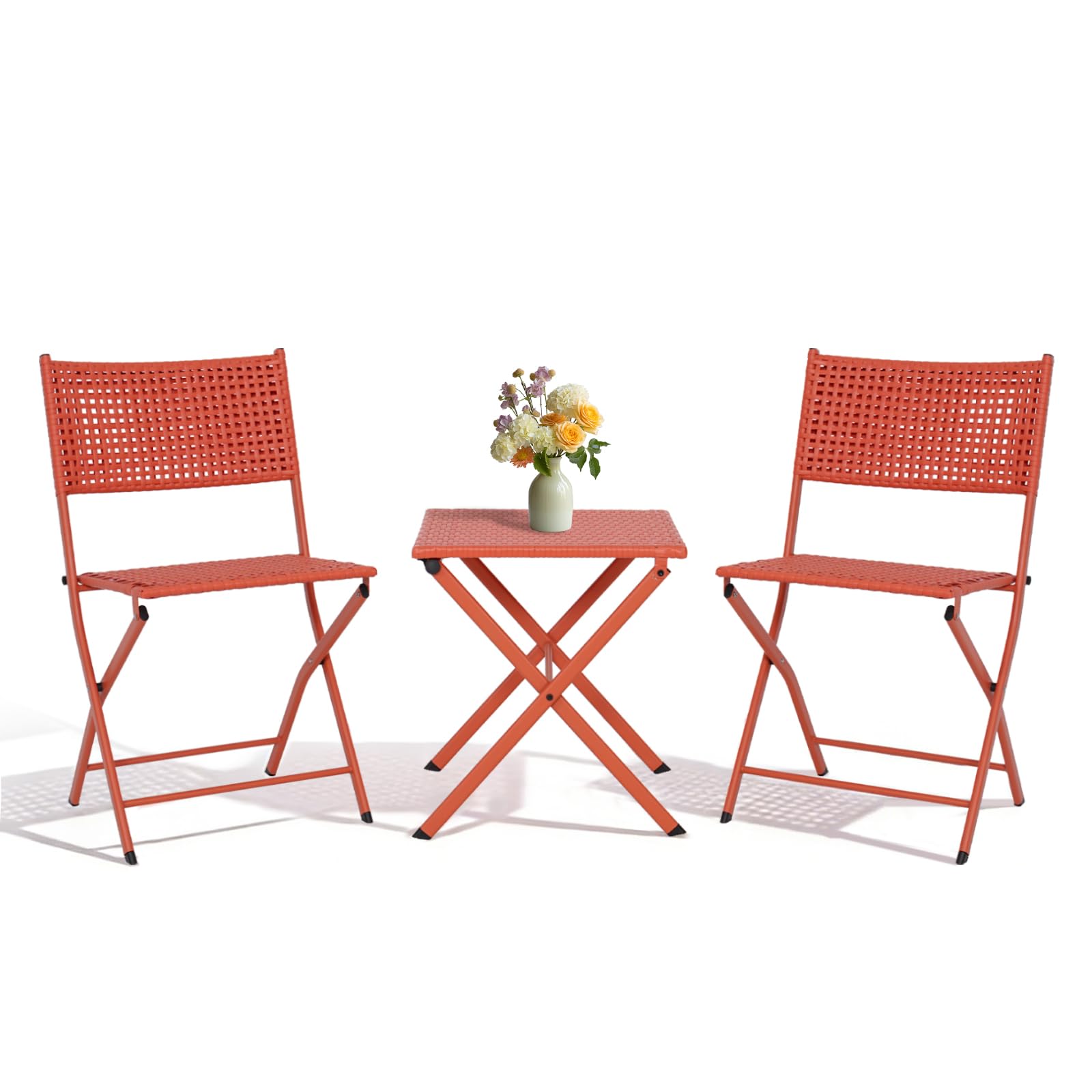 Jadoxy Patio 3 Piece Folding Bistro Set Premium Steel Outdoor Furniture Portable Rust-Resistant Patio Table & Chairs for Balcony Garden Bistro (Orange-Red)