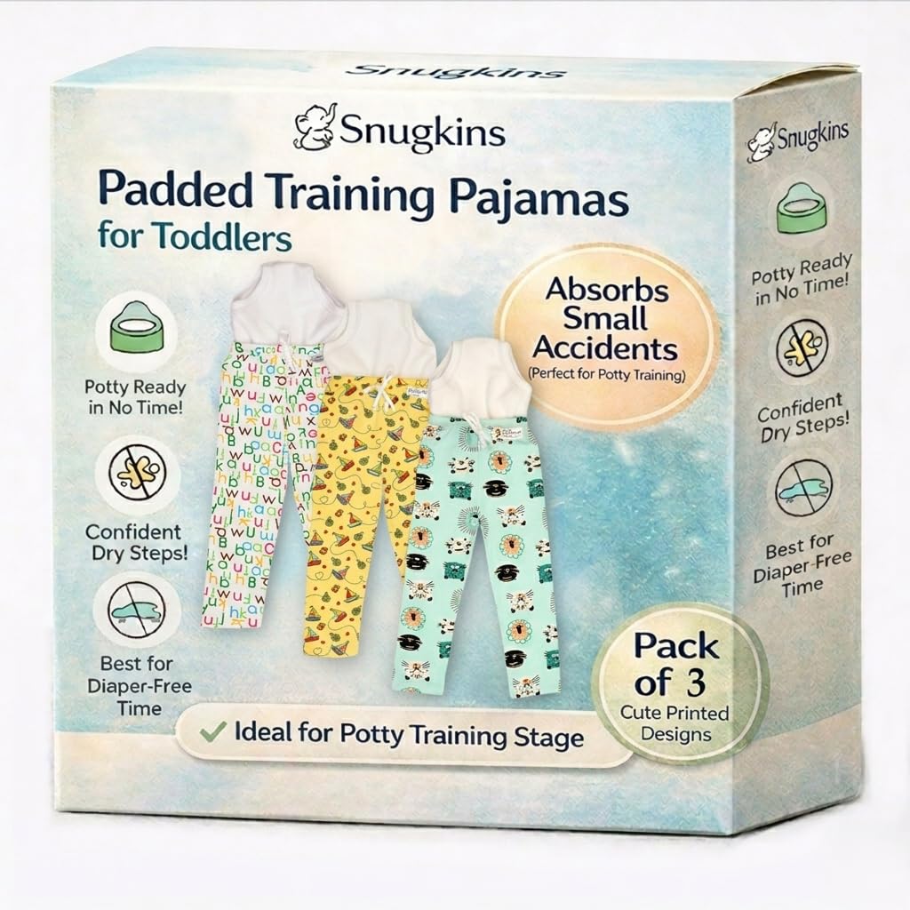 Snugkins Diaper Pants for Toddlers 1-2Y | 100% Cotton Training Pants with Attached Padded Underwear | Potty Training Pajamas for Boys & Girls | Reusable, Leak-Resistant, Comfortable for Daytime & Outings Pack of 3-image-39