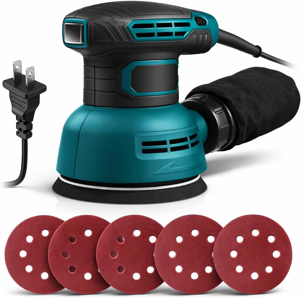 5-Inch Random Orbit Sander, 6 Variable Speeds 12000 RPM Orbital Sander, 3.0 Amp Electric Sander Machine with 5Pcs Sandpapers and Dust Collector for Woodworking Sanding Polishing