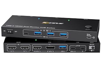 KVM Switch 2 Monitors for Laptop & Desktop, KVM Switch 2 Monitors 2 Computers USB C HDMI DP, USB 3.0, MST, 4K@60Hz, PD 60W, Wired Remote4K USB C DP HD 2 in 2 out KVM