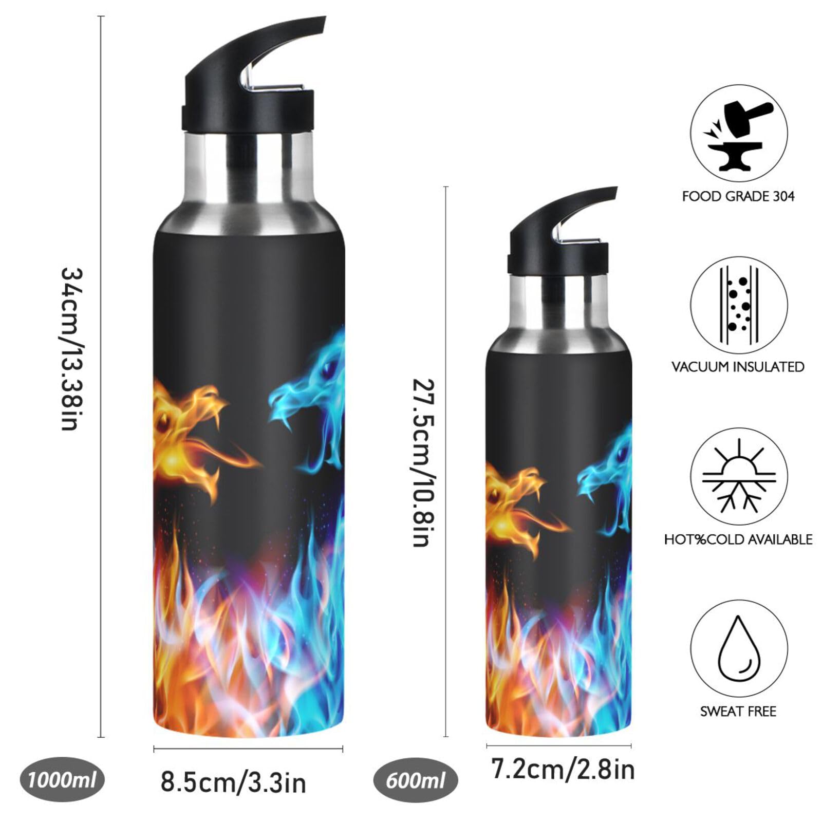 Mnsruu 20 Oz Water Bottle with Straw Fire Dragons Stainless Steel Water Bottle for Traveling Sports Leakproof… - Image 2