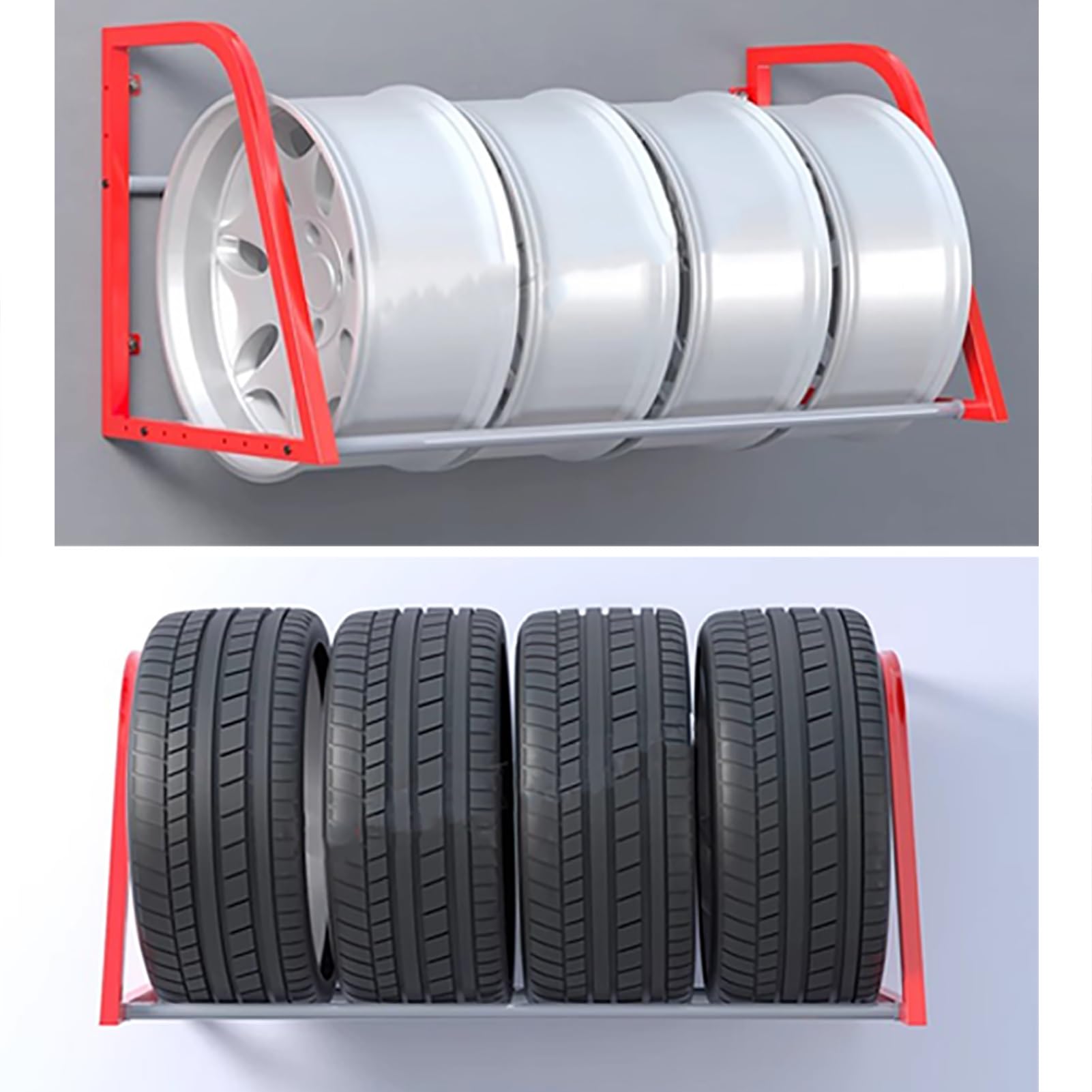 Generisch Wandmontierter Reifenhalter, Aufbewahrung für Metallreifen/Mehrfachreifenregal, rotes Reifenregal für die Garage mit Zubehör, Reifenpräsentation für den Innenbereich