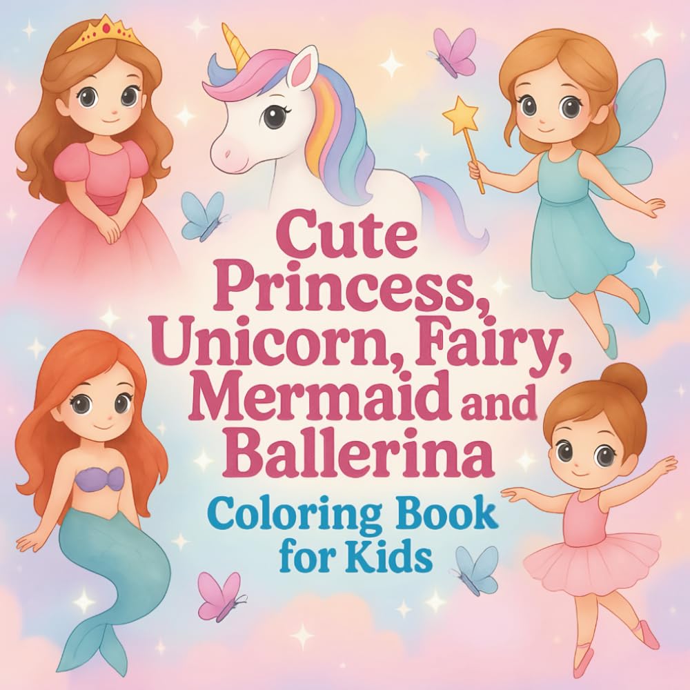 Cute Princess, Unicorn, Fairy, Mermaid, and Ballerina: A Coloring Book For Kids Ages 4–8 with 50 Fun and Engaging Designs