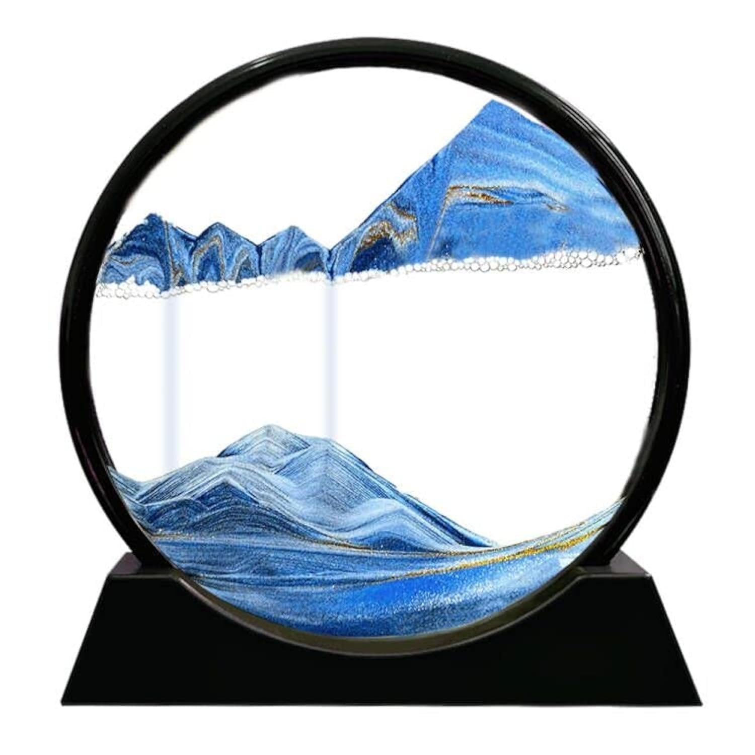 Moving Sand Art Picture Round Glass Frame Sandscapes 3D Deep Sea Display in Motion Dynamic Flowing Grit Photo Hourglass Desktop Art Home Office Decoration Party Gift (12‘’, Blue)