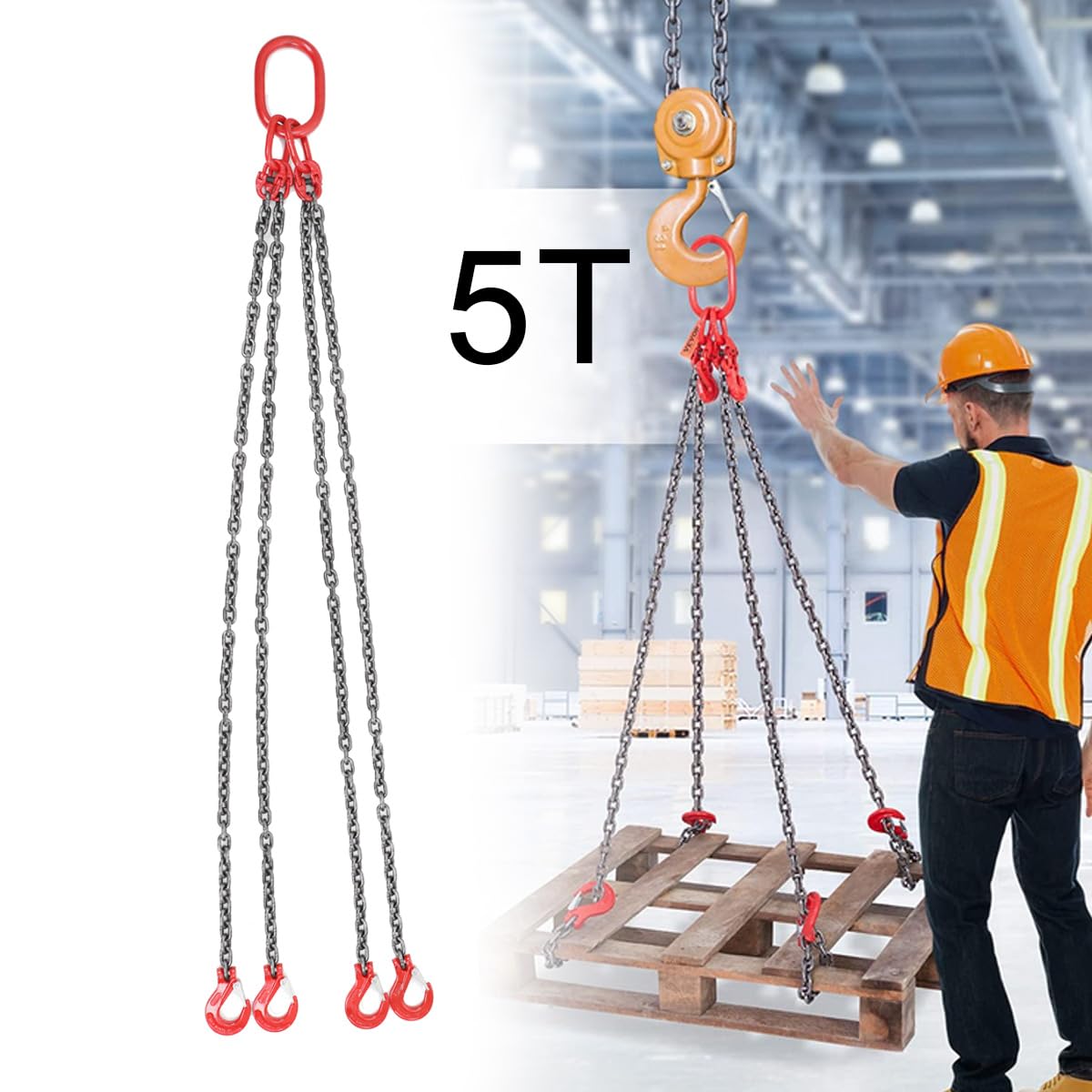 Catena di Sollevamento Industriale a 4 Fili, Imbracatura con Ganci per Appendere Carichi, Lunghezza 1.5 m, Portata Massima 5 Tonnellate