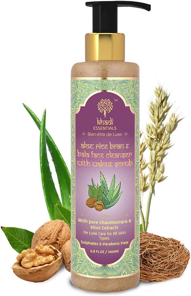 Khadi Essentials Walnut Face Scrub, Wash with Aloe Vera, Rose, Green Tea, Cucumber Extracts For Detan, Exfoliation, Dead Skin Removal, 200ml SLS Paraben Tear Free,Multicolor