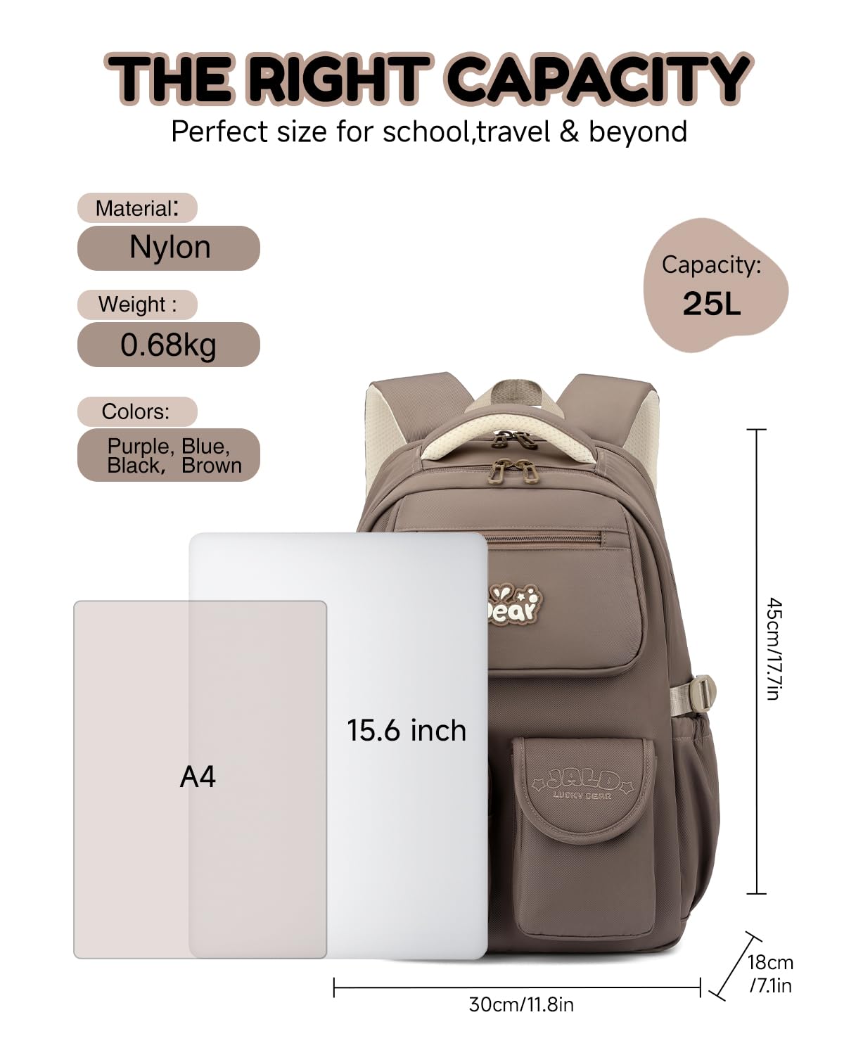 Amythe Mochila Escolar para Niñas Adolescentes, Mochila Colegio Chicas Impermeable Ergónomica, Mochilas Escolares Casual para Portátil 15.6", Apta para Carro, 10-18 Años -Marrón