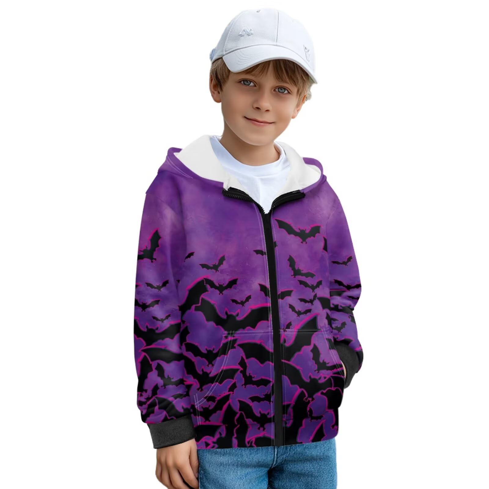 Fioletowy nadruk nietoperza dziecięce bluzy z kapturem z pełnym zamkiem błyskawicznym chłopięca przytulna bluza z kieszeniami polarowa bluza z kapturem odzież uliczna do szkoły domu, XL