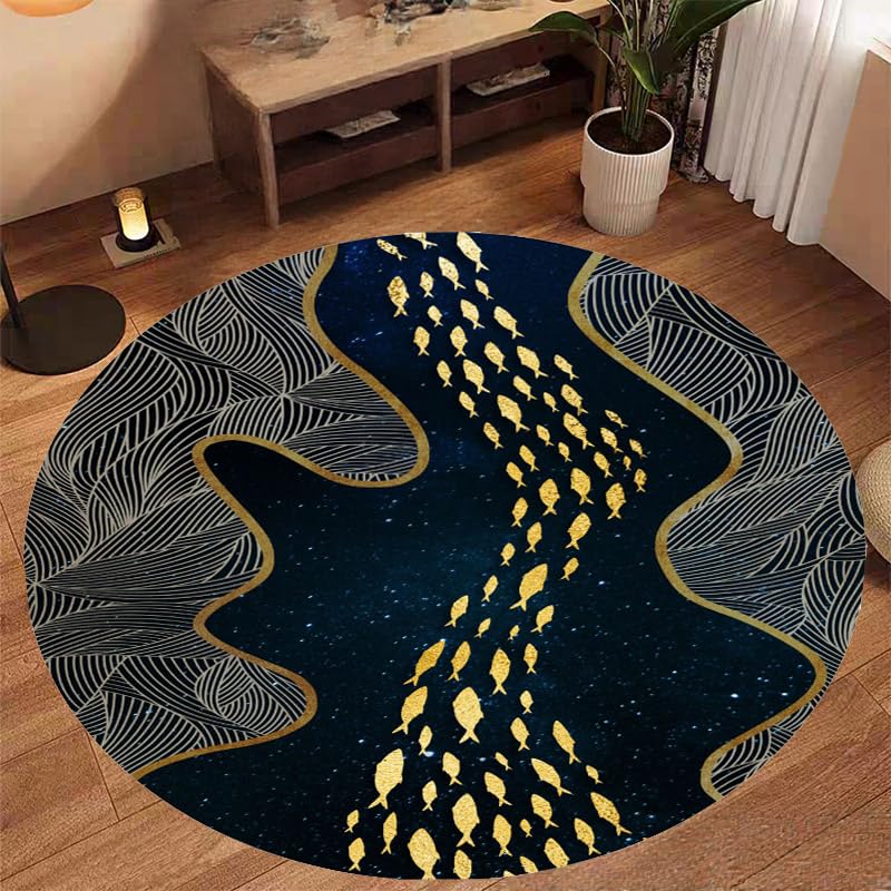 Alfombra para comedor redonda y moderna de 140 cm en color negro y oro
