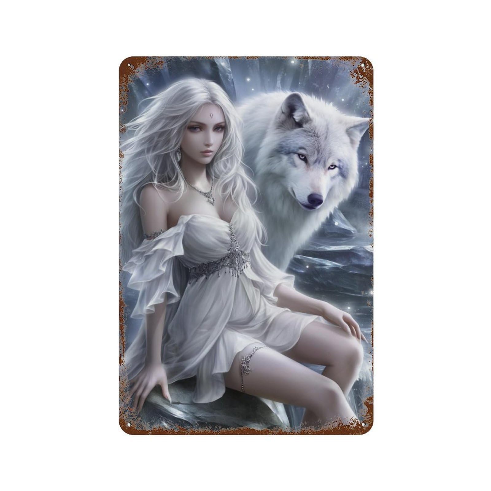 Garage Style Enchanted Winter Fairy with Wolf Decorative Tin Sign 11.8"x7.9", Retro Wall Decor for Bar And Workshop