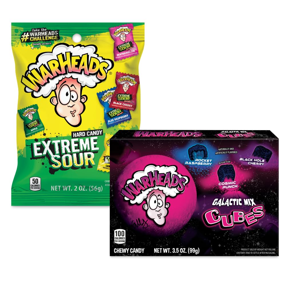 Warheads Extreme Sour Hard Candy, Assorted Flavors 2 OZ Bag | Warheads Galactic Mix Cubes Chewy Candy, 3.5 Ounce Bag