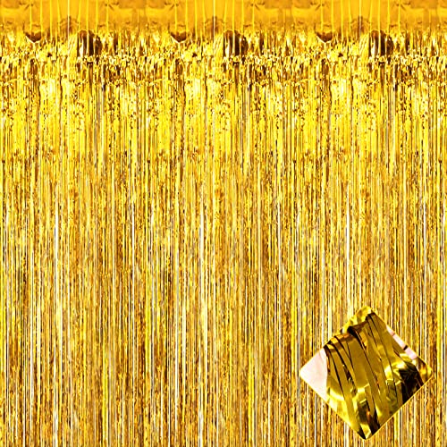 Image of 4 Pack 3.2Ft x 8.2Ft Gold Foil Fringe Curtain Backdrop, Metallic Tinsel Foil Fringe Streamers Curtains Background for Photo Booth, Birthday, Wedding, Halloween, Christmas Party Decoration