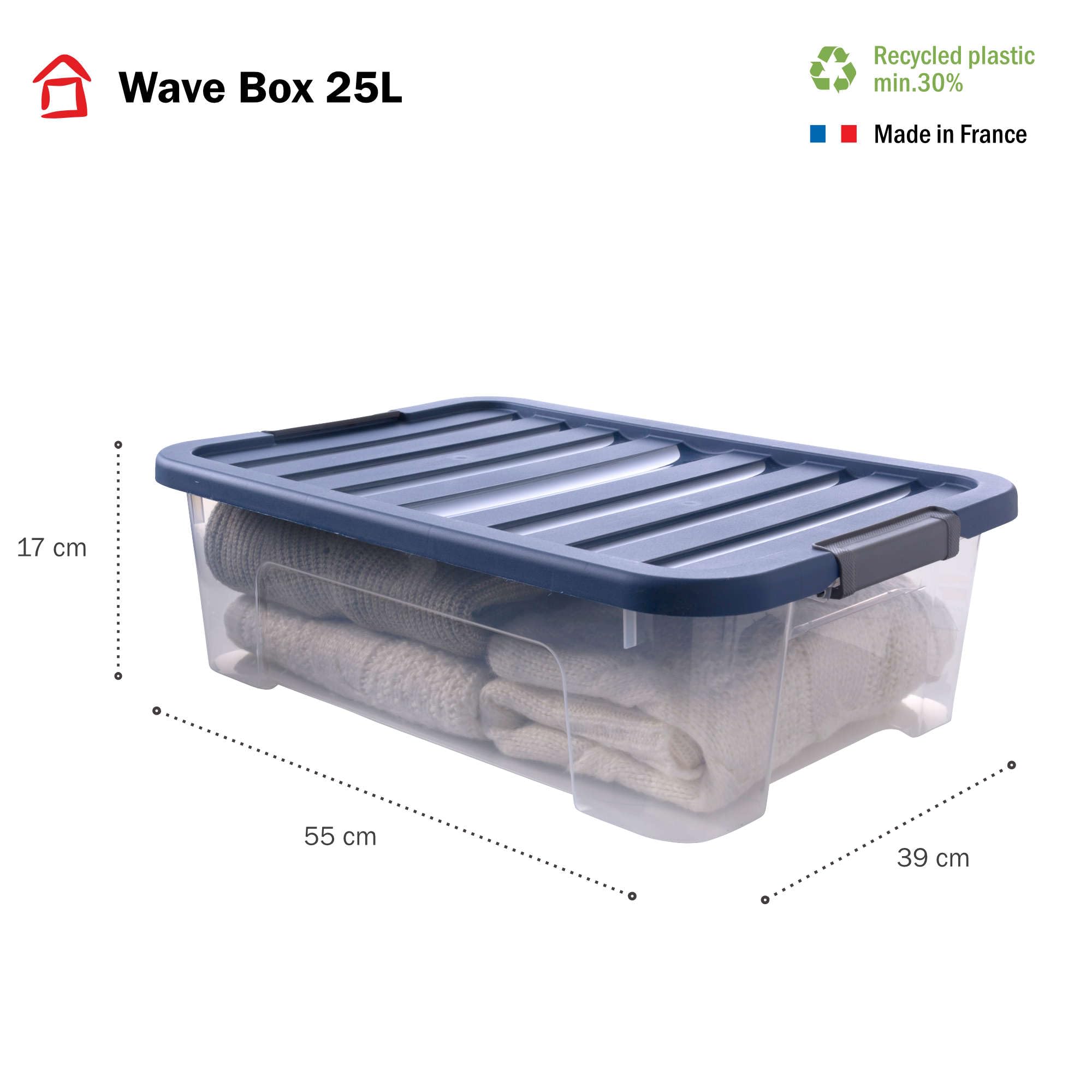 SUNDIS Wave Box, 9 scatole portaoggetti 25L, con coperchio a clip | Impilabile, plastica trasparente, ideale per riporre oggetti in camera da letto, spogliatoio, ufficio o ripostiglio