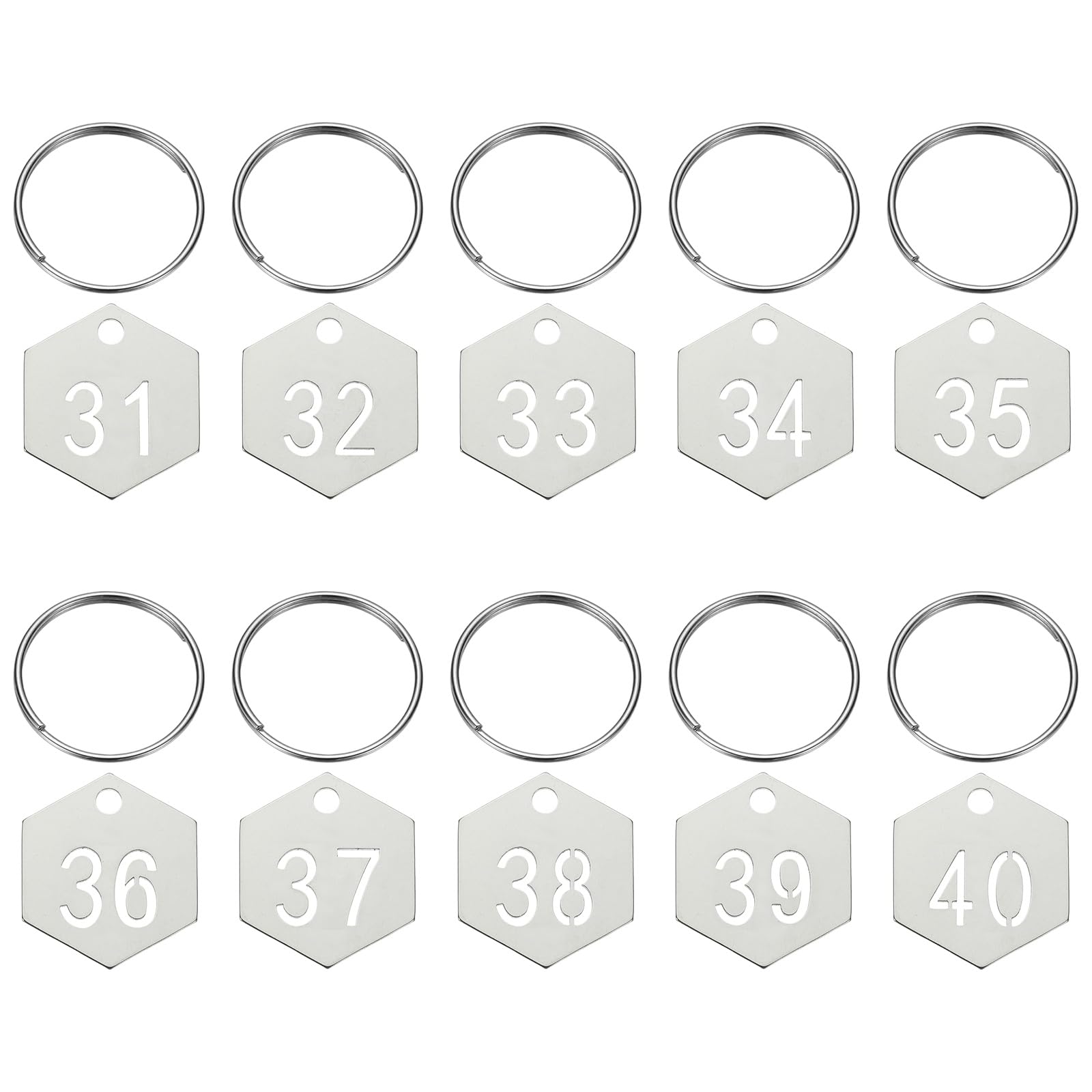 PATIKIL 10PCS Number Tags 31-40, Number Key Tags Stainless Steel Numbered Keychain Metal Sheet Plate with Key Rings for Organizer Field Sales Hangers Clothes Labels ID, Hexagon, Silver