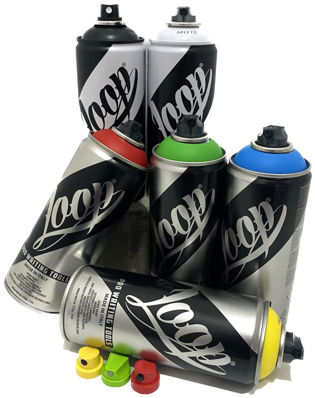 Loop Colors Grundfarben Sprühdosen Set 6x400ml + Schwarz & Weiß - Profi Acryl Spraydosen für Graffiti, Street Art & DIY – Hochdeckend, Schnelltrocknend